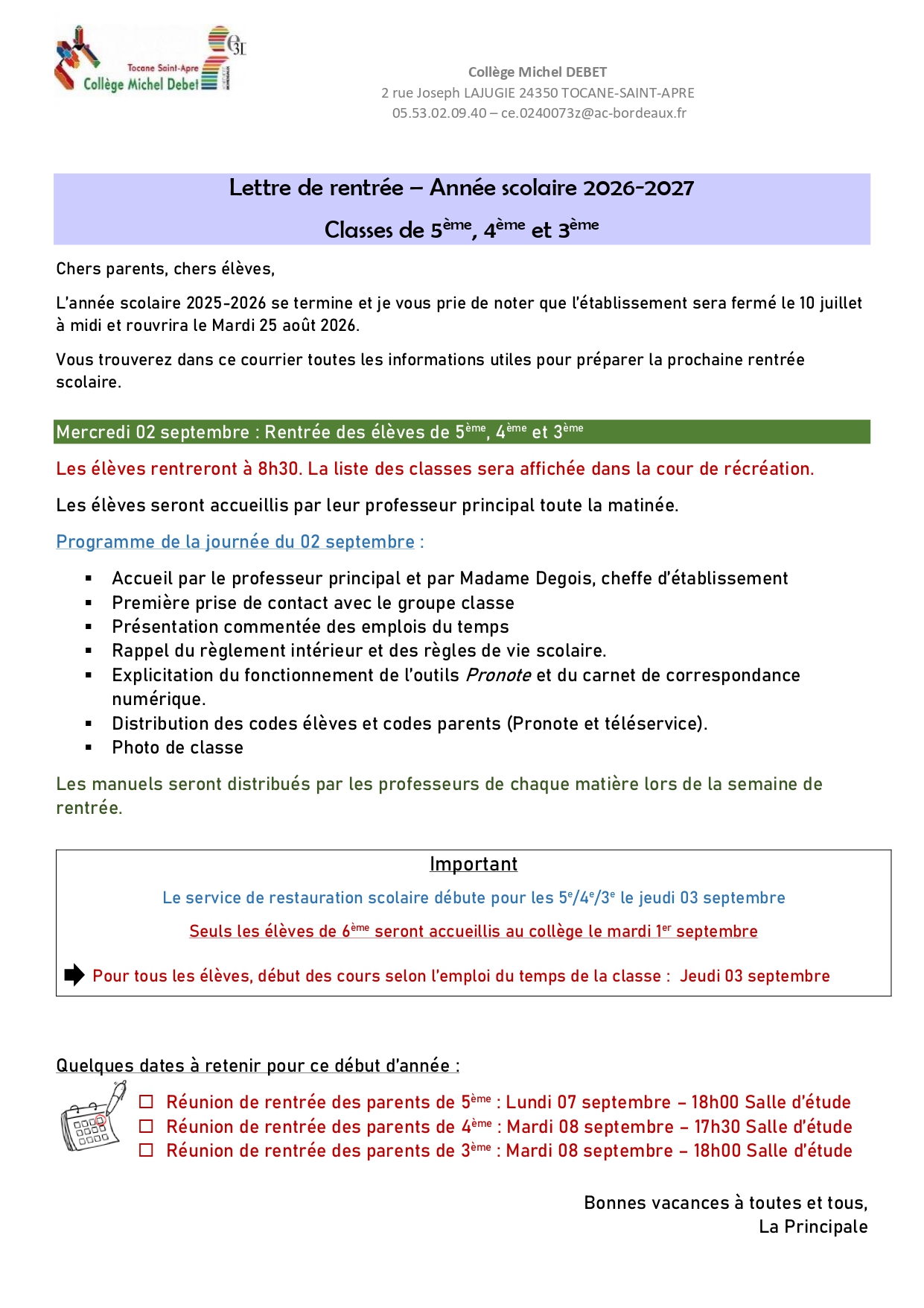 Lettre de rentree 2026 des classes de 5eme 4eme 3eme page 0001