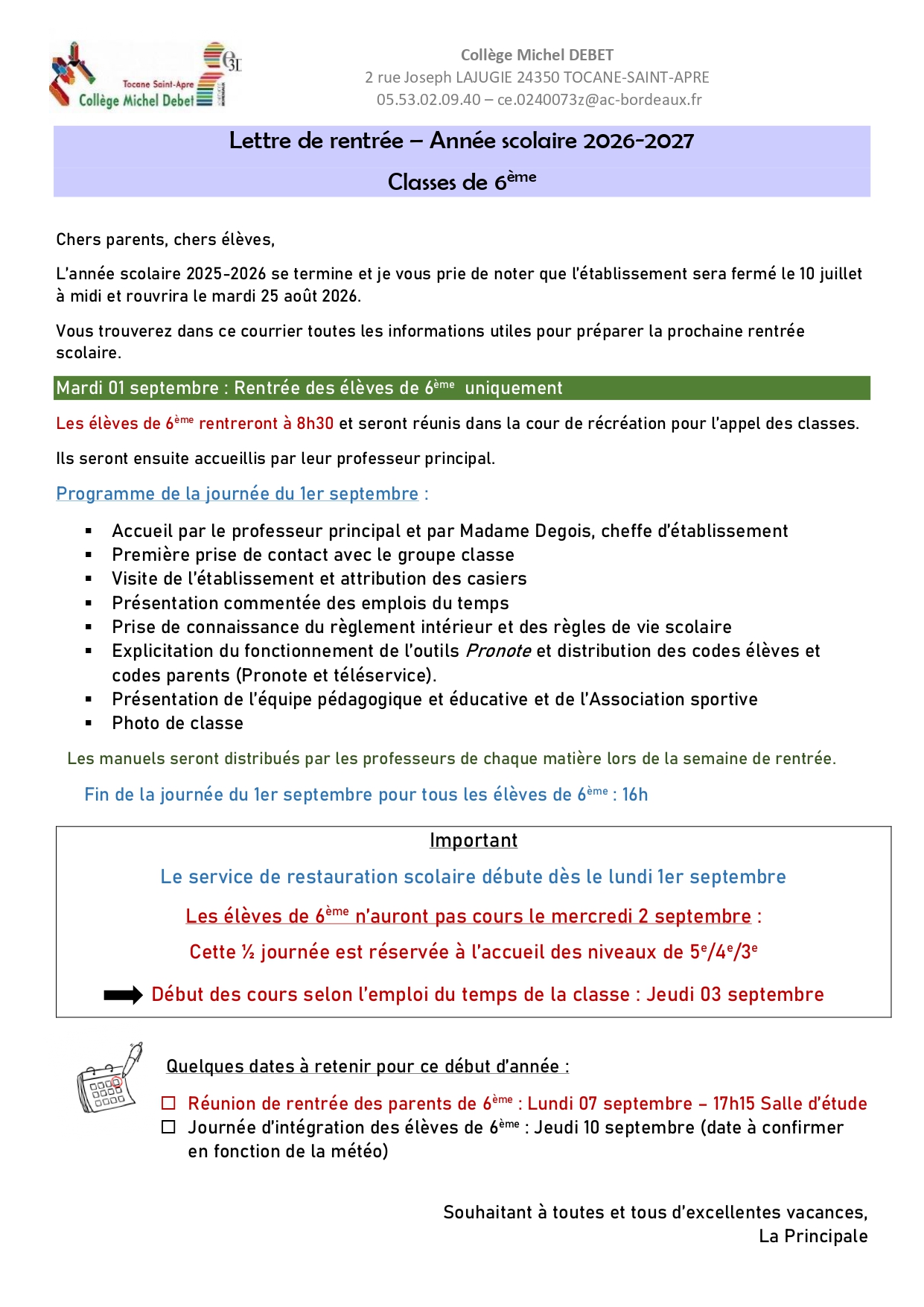 Lettre de rentree 2026 des classes de 6eme page 0001